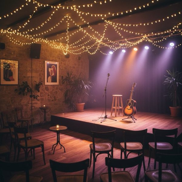 Escenario de concierto íntimo con luces cálidas